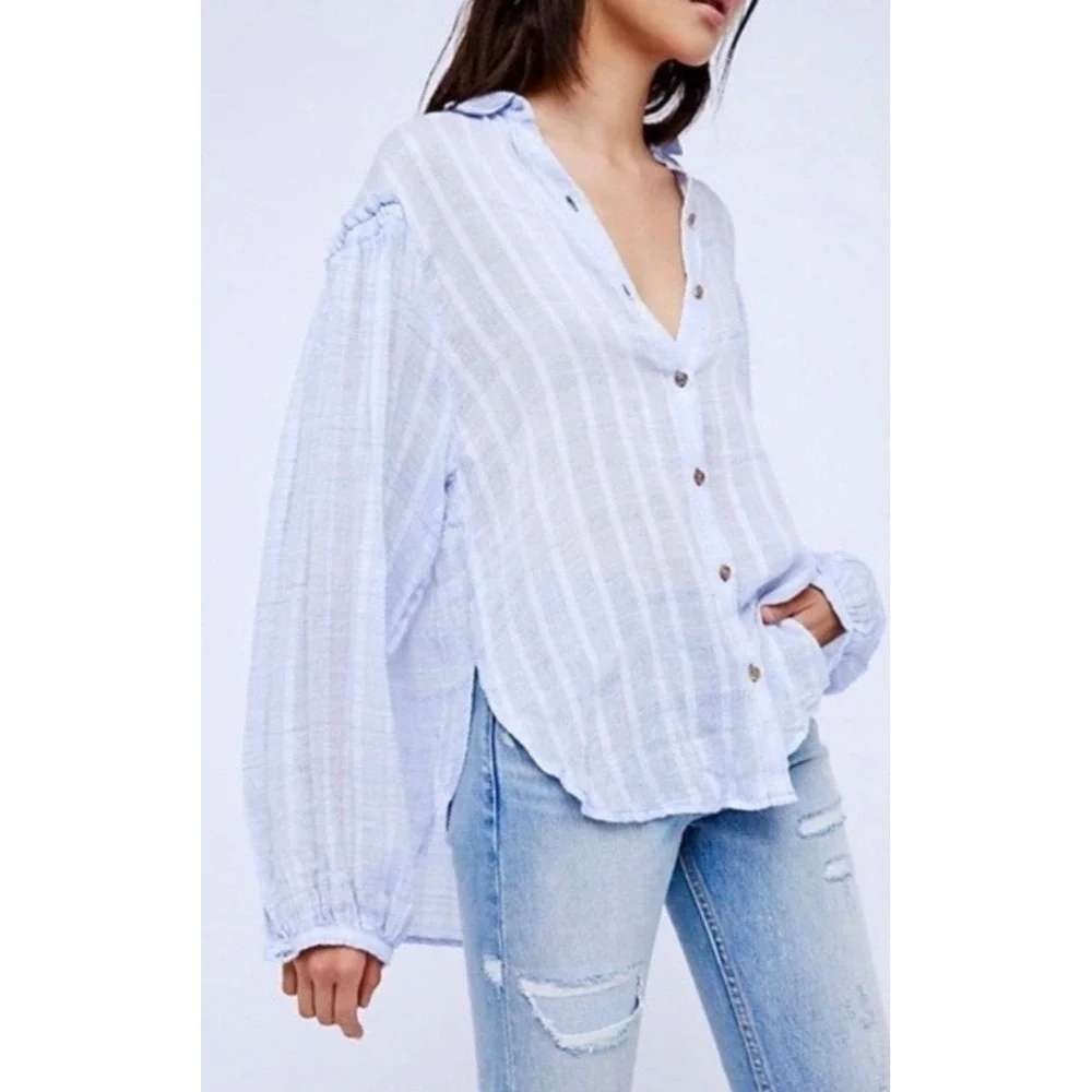 Free People Button Down Shirt Womens S Blue Plaid Ruffle Shoulder Long Sleeve